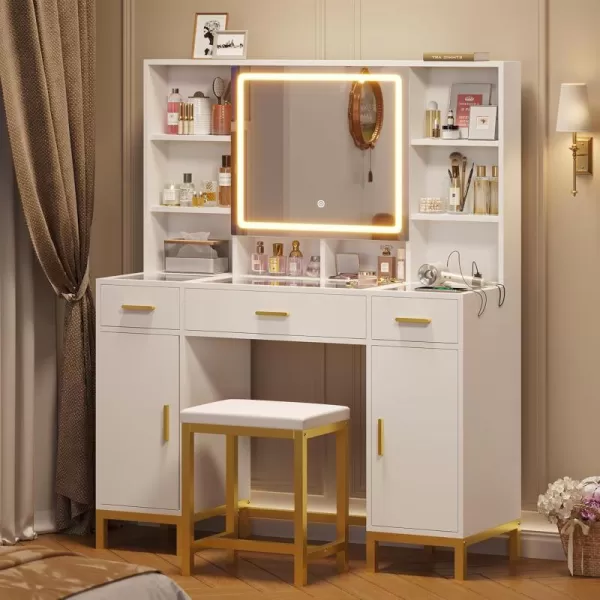 Vanity Desk with Openable Mirror and Lights Glass Tabletop Makeup Vanity Set with Charging Station Black Vanity Table with 3 Drawers ampamp 2 Cabinets DIY Drawer Dividers Hidden HooksWhite
