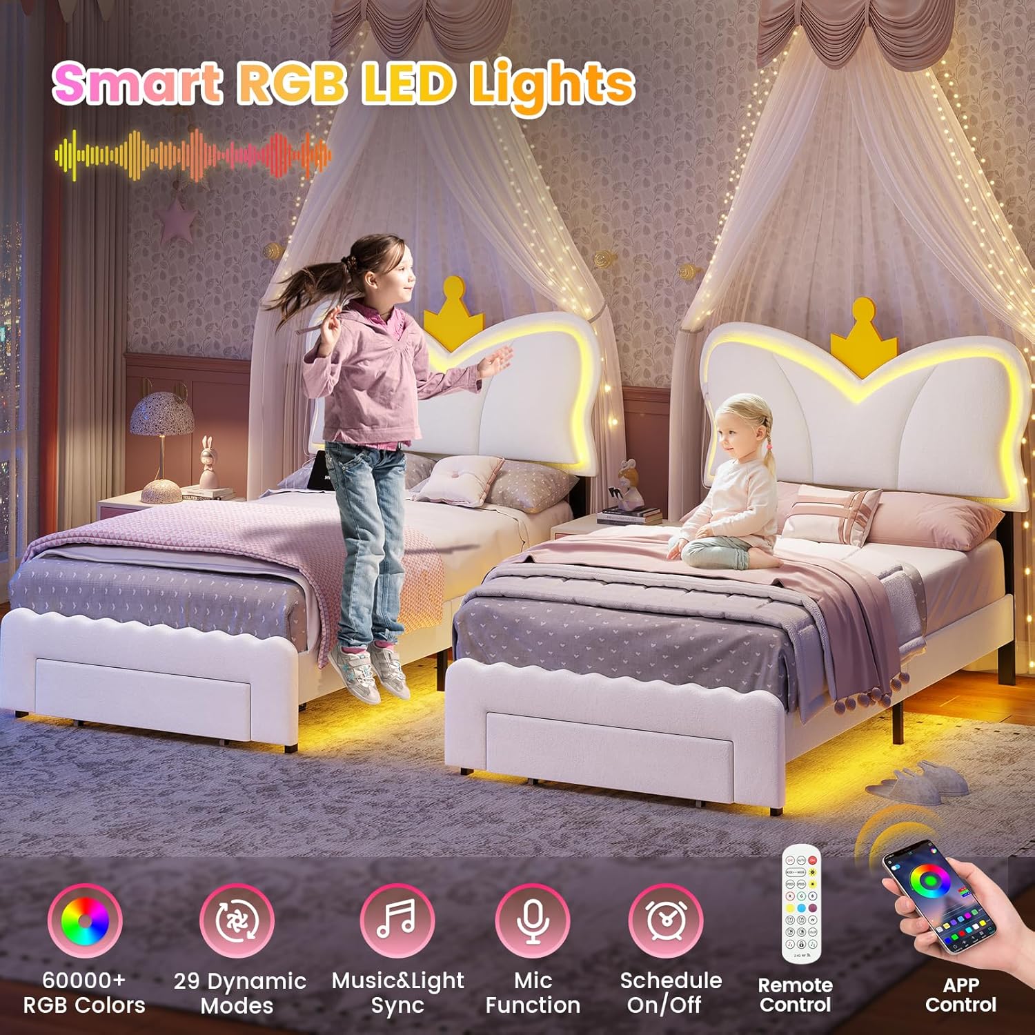 VIAGDO Twin Bed Frames with LED Lights and Storage Drawer Upholstered Bed Frame Twin Size with Height Adjustable Crown Headboard Type C and USB Charging Ports No Box Spring Needed WhiteTwin