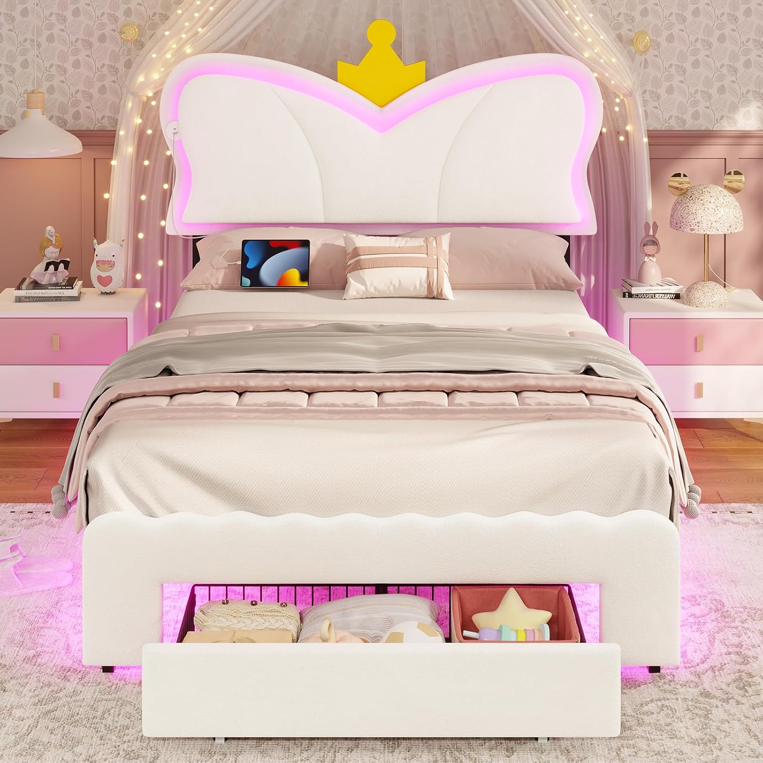 VIAGDO Twin Bed Frames with LED Lights and Storage Drawer Upholstered Bed Frame Twin Size with Height Adjustable Crown Headboard Type C and USB Charging Ports No Box Spring Needed WhiteTwin