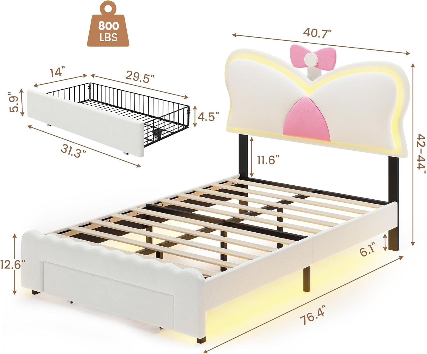 VIAGDO Twin Bed Frames with LED Lights and Storage Drawer Upholstered Bed Frame Twin Size with Height Adjustable Crown Headboard Type C and USB Charging Ports No Box Spring Needed WhiteTwin