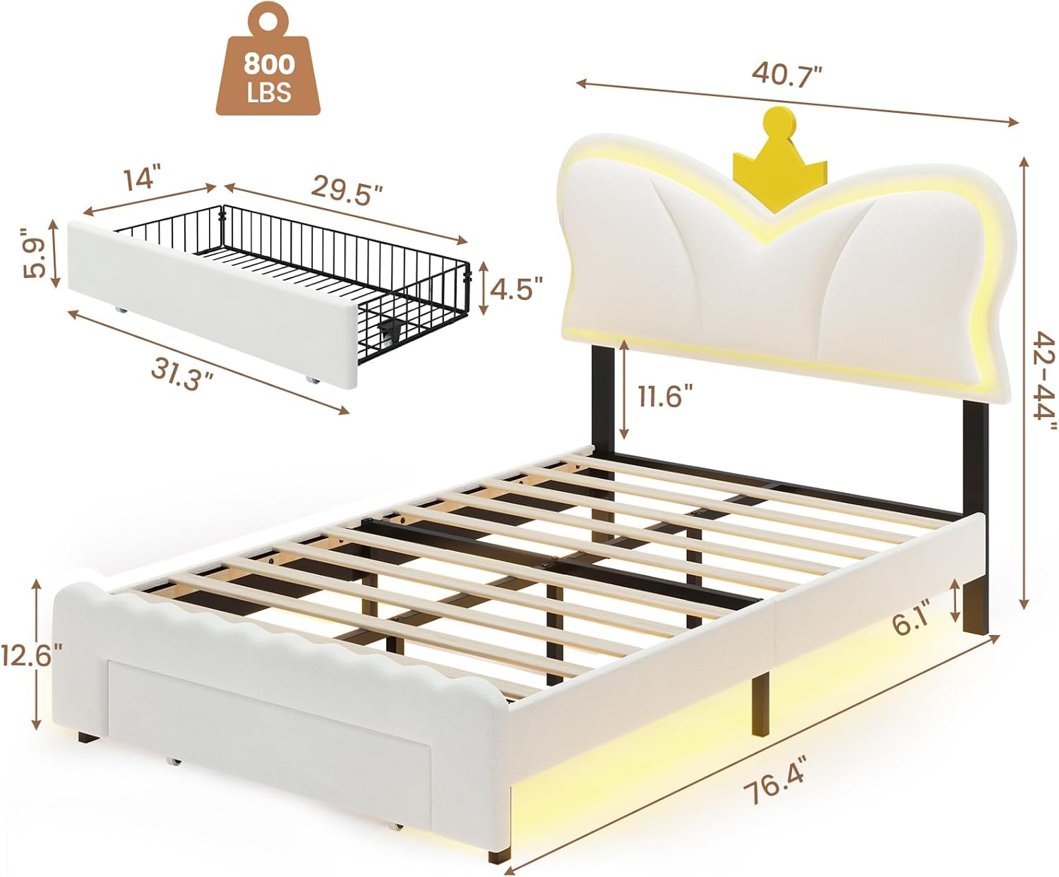 VIAGDO Twin Bed Frames with LED Lights and Storage Drawer Upholstered Bed Frame Twin Size with Height Adjustable Crown Headboard Type C and USB Charging Ports No Box Spring Needed WhiteTwin