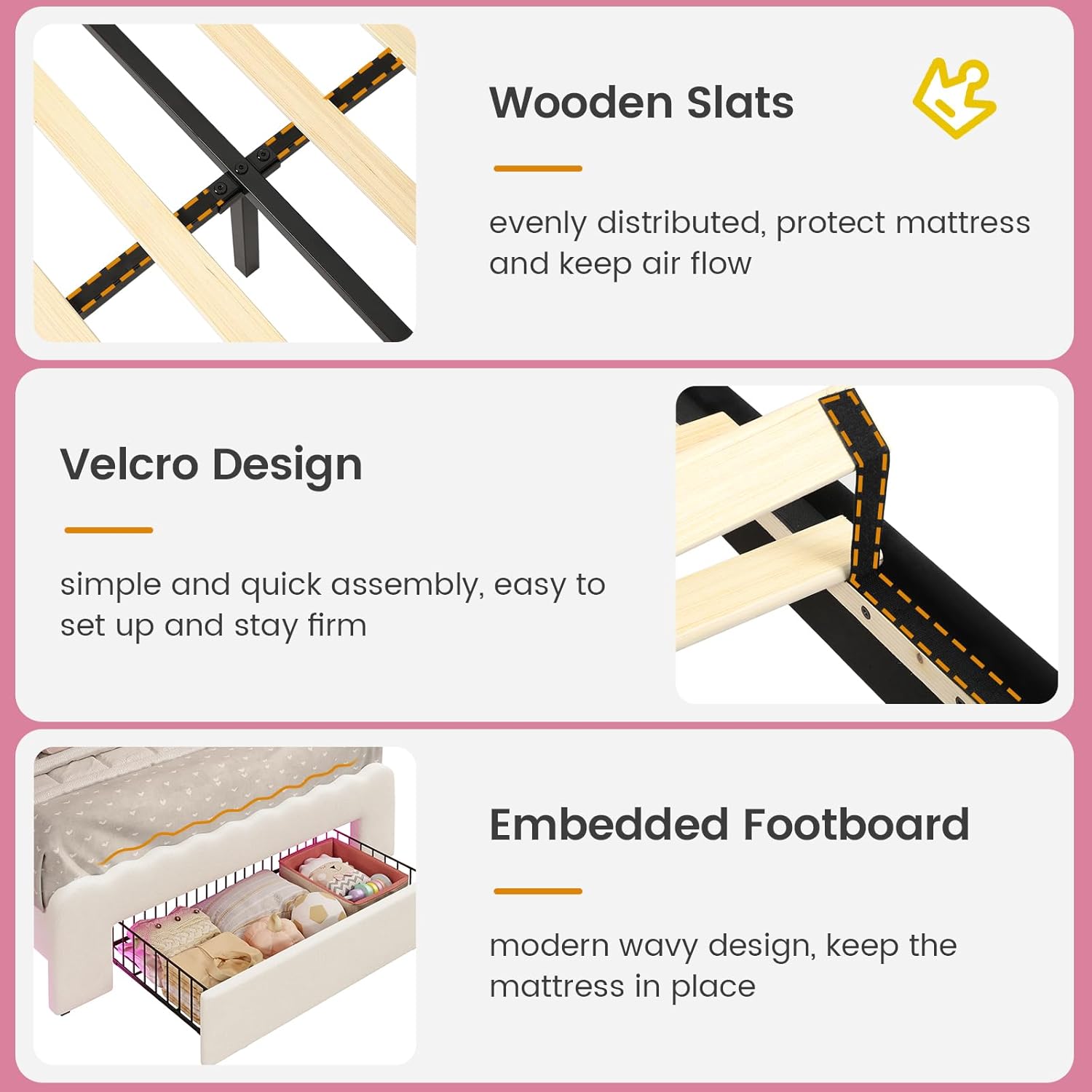 VIAGDO Twin Bed Frames with LED Lights and Storage Drawer Upholstered Bed Frame Twin Size with Height Adjustable Crown Headboard Type C and USB Charging Ports No Box Spring Needed WhiteTwin