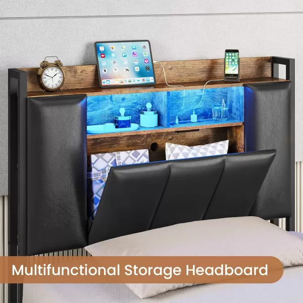 VIAGDO Queen Bed Frame with Hidden Storage Headboard and Charging Station Upholstered Metal Platform Bed Frame Queen Size with LED Lights Fast Charging Type C No Box Spring Needed BlackTwin