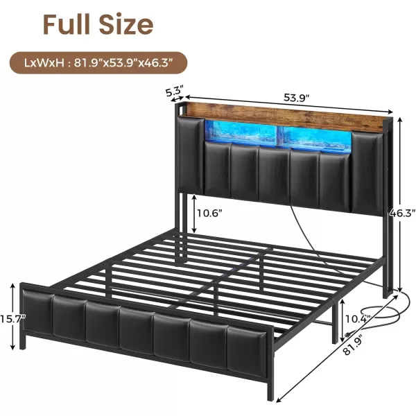 VIAGDO Queen Bed Frame with Hidden Storage Headboard and Charging Station Upholstered Metal Platform Bed Frame Queen Size with LED Lights Fast Charging Type C No Box Spring Needed BlackFull