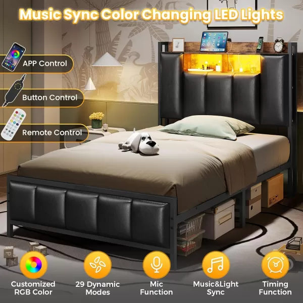VIAGDO Queen Bed Frame with Hidden Storage Headboard and Charging Station Upholstered Metal Platform Bed Frame Queen Size with LED Lights Fast Charging Type C No Box Spring Needed BlackTwin