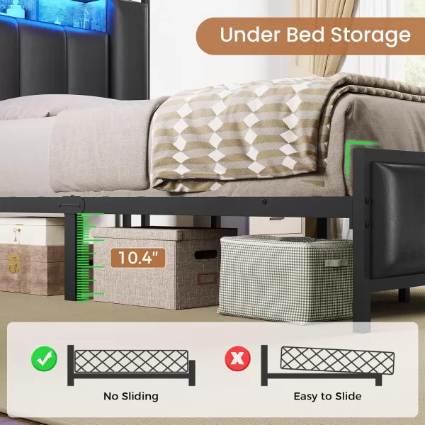 VIAGDO Queen Bed Frame with Hidden Storage Headboard and Charging Station Upholstered Metal Platform Bed Frame Queen Size with LED Lights Fast Charging Type C No Box Spring Needed BlackTwin