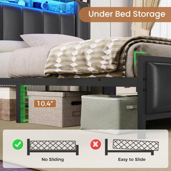 VIAGDO Queen Bed Frame with Hidden Storage Headboard and Charging Station Upholstered Metal Platform Bed Frame Queen Size with LED Lights Fast Charging Type C No Box Spring Needed BlackQueen