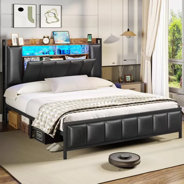 VIAGDO Queen Bed Frame with Hidden Storage Headboard and Charging Station Upholstered Metal Platform Bed Frame Queen Size with LED Lights Fast Charging Type C No Box Spring Needed BlackQueen