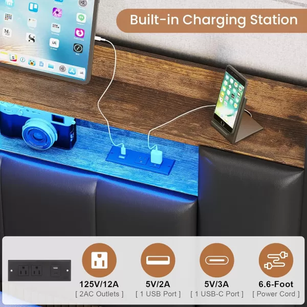 VIAGDO Queen Bed Frame with Hidden Storage Headboard and Charging Station Upholstered Metal Platform Bed Frame Queen Size with LED Lights Fast Charging Type C No Box Spring Needed BlackQueen