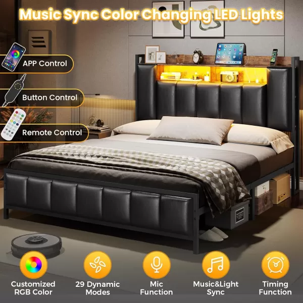 VIAGDO Queen Bed Frame with Hidden Storage Headboard and Charging Station Upholstered Metal Platform Bed Frame Queen Size with LED Lights Fast Charging Type C No Box Spring Needed BlackQueen