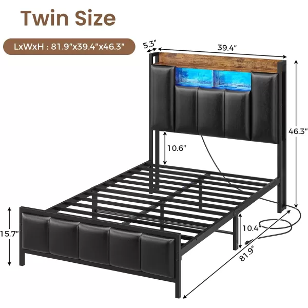 VIAGDO Queen Bed Frame with Hidden Storage Headboard and Charging Station Upholstered Metal Platform Bed Frame Queen Size with LED Lights Fast Charging Type C No Box Spring Needed BlackTwin