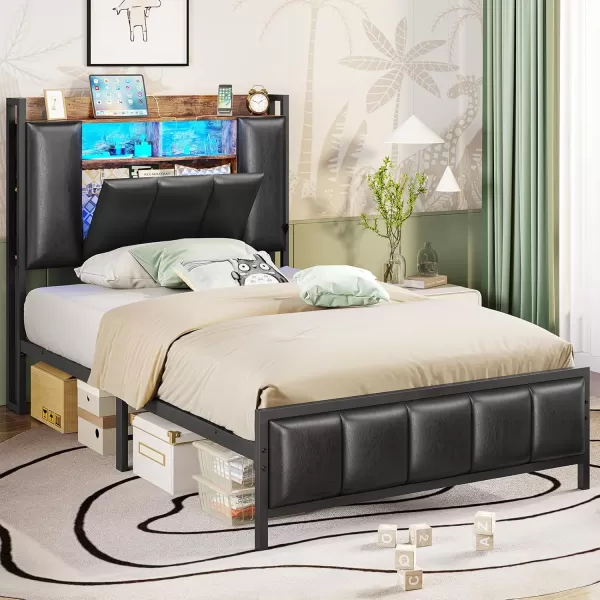 VIAGDO Queen Bed Frame with Hidden Storage Headboard and Charging Station Upholstered Metal Platform Bed Frame Queen Size with LED Lights Fast Charging Type C No Box Spring Needed BlackTwin