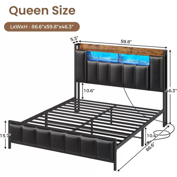 VIAGDO Queen Bed Frame with Hidden Storage Headboard and Charging Station Upholstered Metal Platform Bed Frame Queen Size with LED Lights Fast Charging Type C No Box Spring Needed BlackQueen