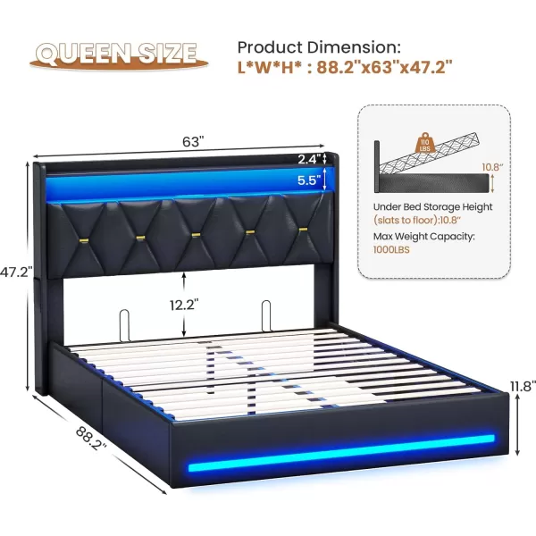 VIAGDO Queen Size Lift Up Storage Bed Frame with Charging Station and LED Lights Upholstered Headboard with 2Tier Shelves Modern Led Bed Frame with Hydraulic Storage No Box Spring Needed BlackQueen