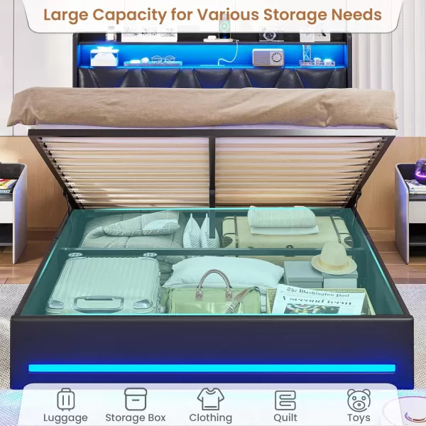 VIAGDO Queen Size Lift Up Storage Bed Frame with Charging Station and LED Lights Upholstered Headboard with 2Tier Shelves Modern Led Bed Frame with Hydraulic Storage No Box Spring Needed BlackQueen
