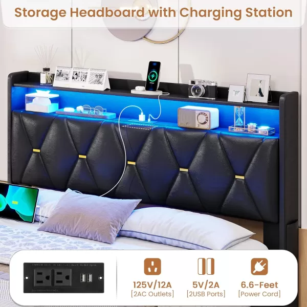 VIAGDO Queen Size Lift Up Storage Bed Frame with Charging Station and LED Lights Upholstered Headboard with 2Tier Shelves Modern Led Bed Frame with Hydraulic Storage No Box Spring Needed BlackQueen