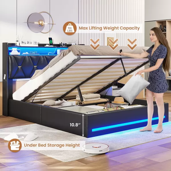 VIAGDO Queen Size Lift Up Storage Bed Frame with Charging Station and LED Lights Upholstered Headboard with 2Tier Shelves Modern Led Bed Frame with Hydraulic Storage No Box Spring Needed BlackQueen