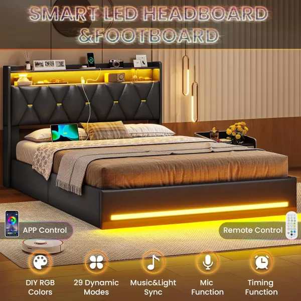 VIAGDO Queen Size Lift Up Storage Bed Frame with Charging Station and LED Lights Upholstered Headboard with 2Tier Shelves Modern Led Bed Frame with Hydraulic Storage No Box Spring Needed BlackQueen