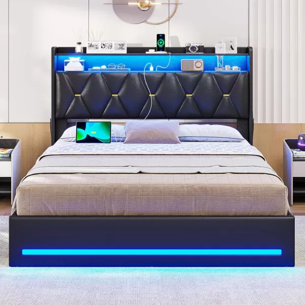 VIAGDO Queen Size Lift Up Storage Bed Frame with Charging Station and LED Lights Upholstered Headboard with 2Tier Shelves Modern Led Bed Frame with Hydraulic Storage No Box Spring Needed BlackQueen