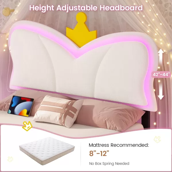 VIAGDO Twin Bed Frames with LED Lights and Storage Drawer Upholstered Bed Frame Twin Size with Height Adjustable Crown Headboard Type C and USB Charging Ports No Box Spring Needed WhiteTwin