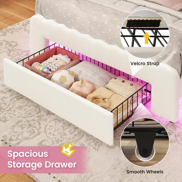 VIAGDO Twin Bed Frames with LED Lights and Storage Drawer Upholstered Bed Frame Twin Size with Height Adjustable Crown Headboard Type C and USB Charging Ports No Box Spring Needed WhiteTwin
