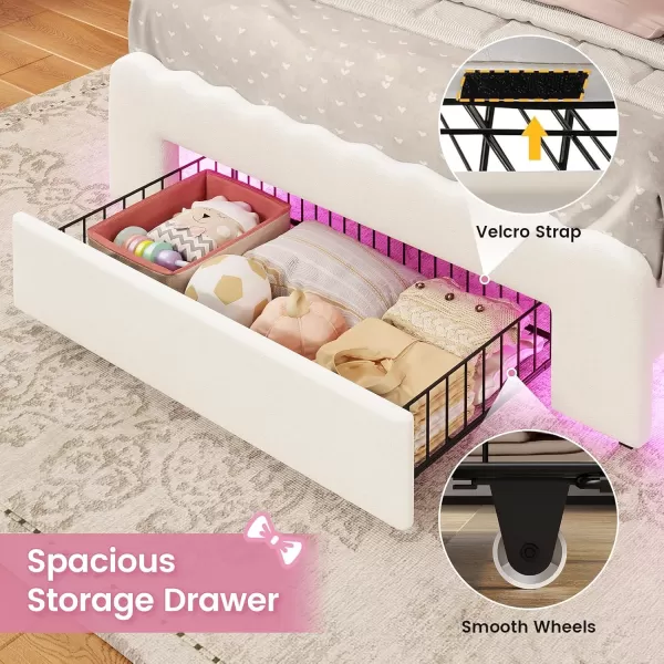 VIAGDO Twin Bed Frames with LED Lights and Storage Drawer Upholstered Bed Frame Twin Size with Height Adjustable Crown Headboard Type C and USB Charging Ports No Box Spring Needed WhiteTwin