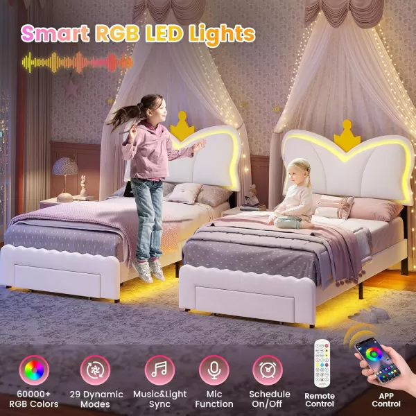 VIAGDO Twin Bed Frames with LED Lights and Storage Drawer Upholstered Bed Frame Twin Size with Height Adjustable Crown Headboard Type C and USB Charging Ports No Box Spring Needed WhiteTwin