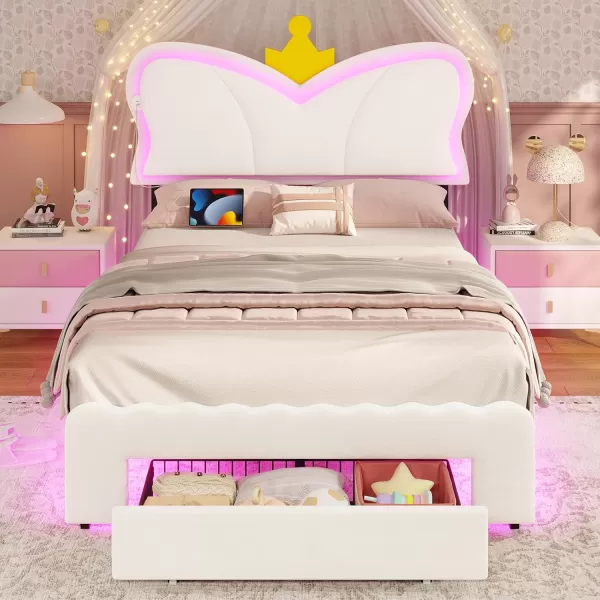 VIAGDO Twin Bed Frames with LED Lights and Storage Drawer Upholstered Bed Frame Twin Size with Height Adjustable Crown Headboard Type C and USB Charging Ports No Box Spring Needed WhiteTwin