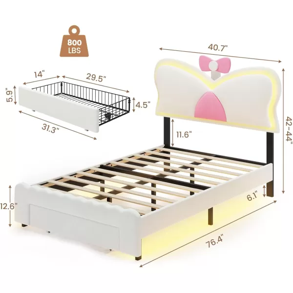 VIAGDO Twin Bed Frames with LED Lights and Storage Drawer Upholstered Bed Frame Twin Size with Height Adjustable Crown Headboard Type C and USB Charging Ports No Box Spring Needed WhiteTwin