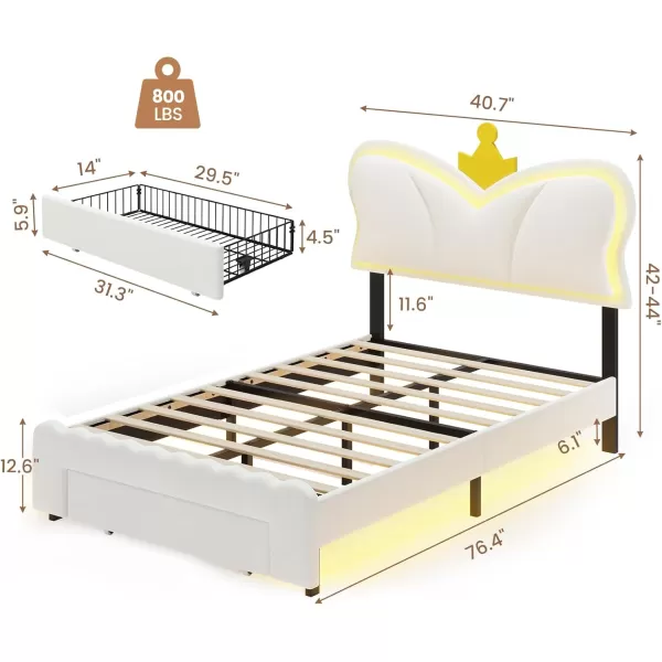 VIAGDO Twin Bed Frames with LED Lights and Storage Drawer Upholstered Bed Frame Twin Size with Height Adjustable Crown Headboard Type C and USB Charging Ports No Box Spring Needed WhiteTwin