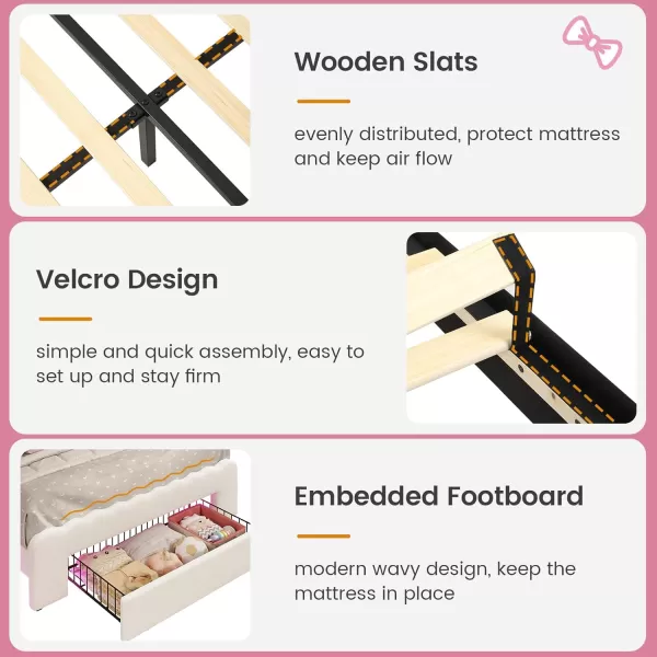 VIAGDO Twin Bed Frames with LED Lights and Storage Drawer Upholstered Bed Frame Twin Size with Height Adjustable Crown Headboard Type C and USB Charging Ports No Box Spring Needed WhiteTwin