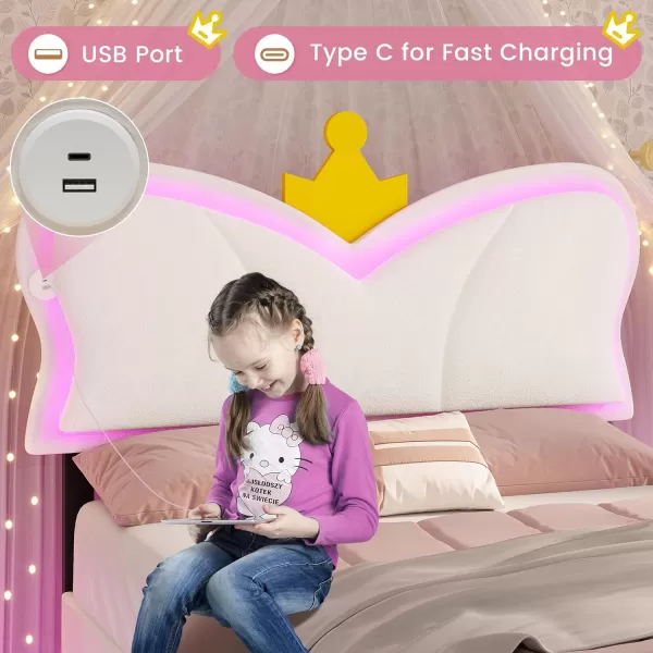 VIAGDO Twin Bed Frames with LED Lights and Storage Drawer Upholstered Bed Frame Twin Size with Height Adjustable Crown Headboard Type C and USB Charging Ports No Box Spring Needed WhiteTwin