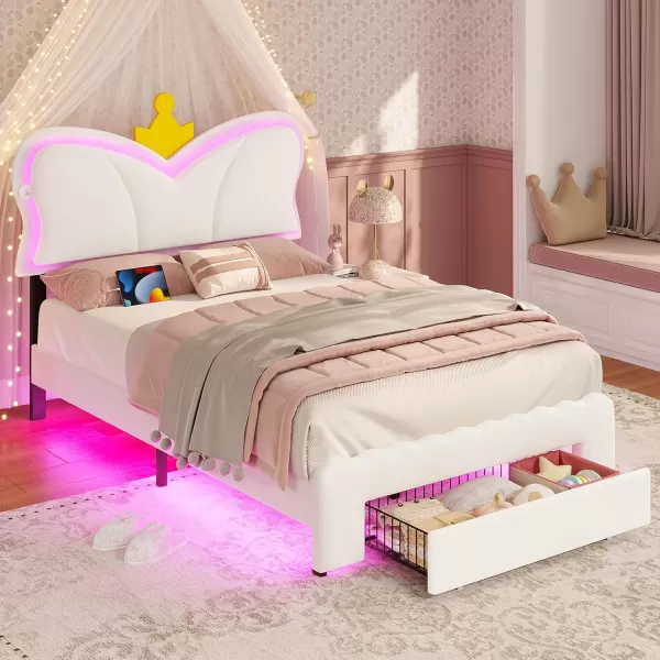 VIAGDO Twin Bed Frames with LED Lights and Storage Drawer Upholstered Bed Frame Twin Size with Height Adjustable Crown Headboard Type C and USB Charging Ports No Box Spring Needed WhiteTwin