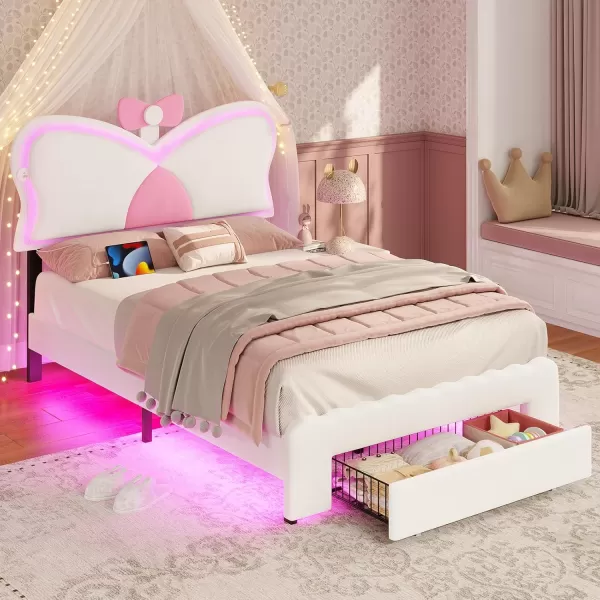 VIAGDO Twin Bed Frames with LED Lights and Storage Drawer Upholstered Bed Frame Twin Size with Height Adjustable Crown Headboard Type C and USB Charging Ports No Box Spring Needed WhiteTwin