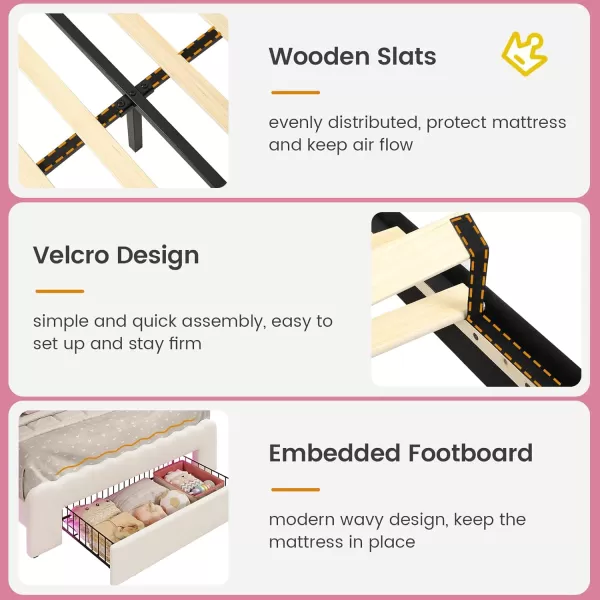 VIAGDO Twin Bed Frames with LED Lights and Storage Drawer Upholstered Bed Frame Twin Size with Height Adjustable Crown Headboard Type C and USB Charging Ports No Box Spring Needed WhiteTwin