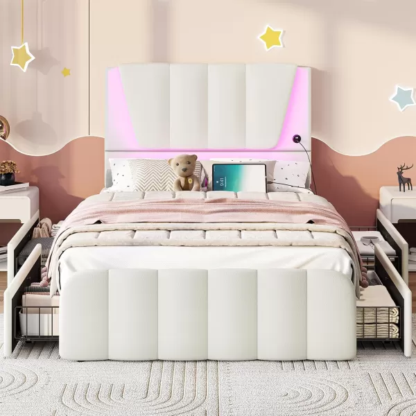 VIAGDO Twin Bed Frames with Storage Drawers and LED Lights Upholstered Platform Bed Frame Twin Size with Height Adjustable Headboard 2 USB Ports No Box Spring Needed Cream WhiteCream White