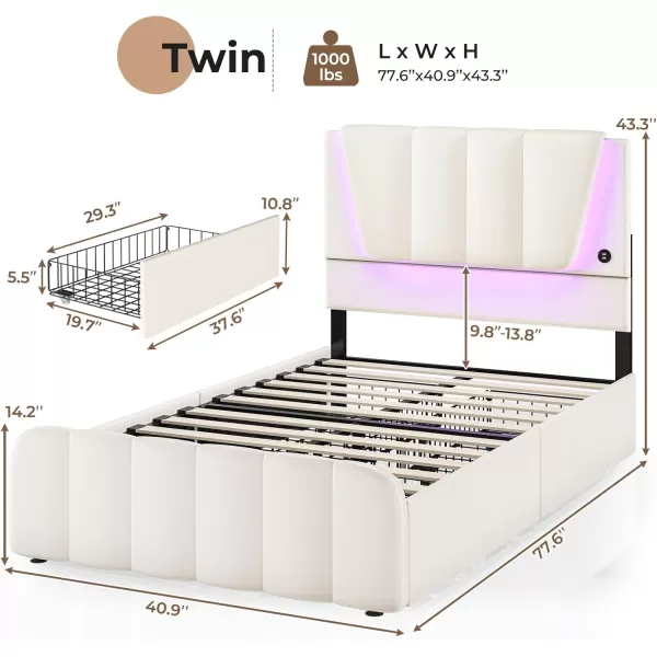 VIAGDO Twin Bed Frames with Storage Drawers and LED Lights Upholstered Platform Bed Frame Twin Size with Height Adjustable Headboard 2 USB Ports No Box Spring Needed Cream WhiteCream White