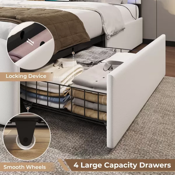 VIAGDO Twin Bed Frames with Storage Drawers and LED Lights Upholstered Platform Bed Frame Twin Size with Height Adjustable Headboard 2 USB Ports No Box Spring Needed Cream WhiteCream White