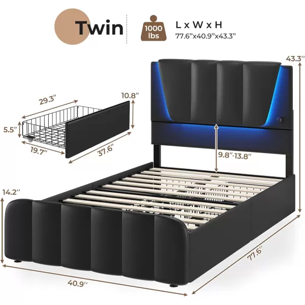VIAGDO Twin Bed Frames with Storage Drawers and LED Lights Upholstered Platform Bed Frame Twin Size with Height Adjustable Headboard 2 USB Ports No Box Spring Needed Cream WhiteBlack