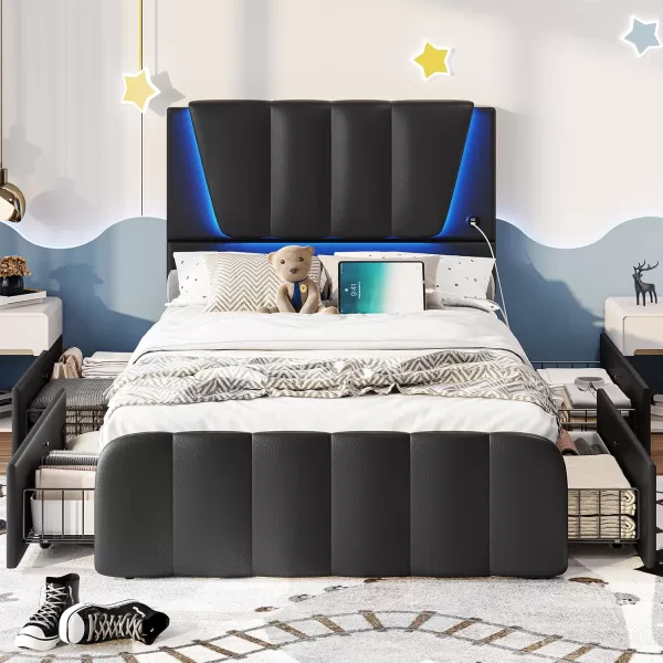 VIAGDO Twin Bed Frames with Storage Drawers and LED Lights Upholstered Platform Bed Frame Twin Size with Height Adjustable Headboard 2 USB Ports No Box Spring Needed Cream WhiteBlack