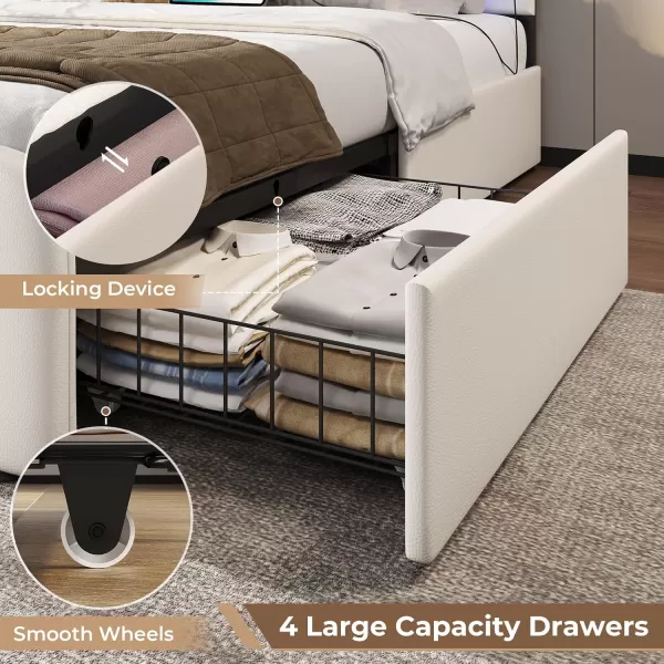 VIAGDO Twin Bed Frames with Storage Drawers and LED Lights Upholstered Platform Bed Frame Twin Size with Height Adjustable Headboard 2 USB Ports No Box Spring Needed Cream WhiteCream White