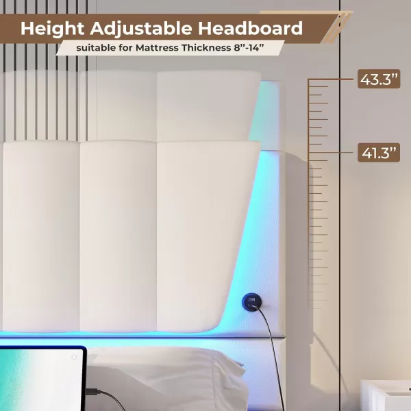 VIAGDO Twin Bed Frames with Storage Drawers and LED Lights Upholstered Platform Bed Frame Twin Size with Height Adjustable Headboard 2 USB Ports No Box Spring Needed Cream WhiteCream White