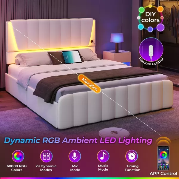 VIAGDO Twin Bed Frames with Storage Drawers and LED Lights Upholstered Platform Bed Frame Twin Size with Height Adjustable Headboard 2 USB Ports No Box Spring Needed Cream WhiteCream White