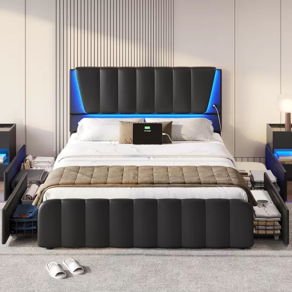 VIAGDO Twin Bed Frames with Storage Drawers and LED Lights Upholstered Platform Bed Frame Twin Size with Height Adjustable Headboard 2 USB Ports No Box Spring Needed Cream WhiteBlack
