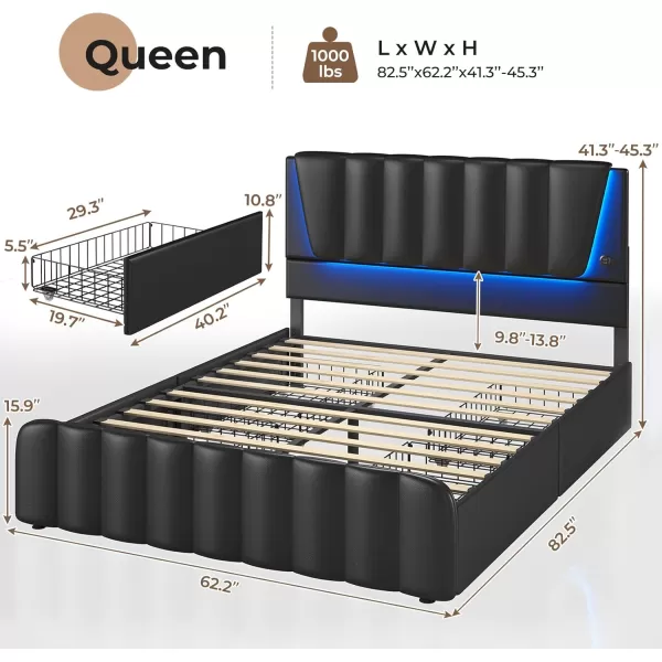 VIAGDO Twin Bed Frames with Storage Drawers and LED Lights Upholstered Platform Bed Frame Twin Size with Height Adjustable Headboard 2 USB Ports No Box Spring Needed Cream WhiteBlack