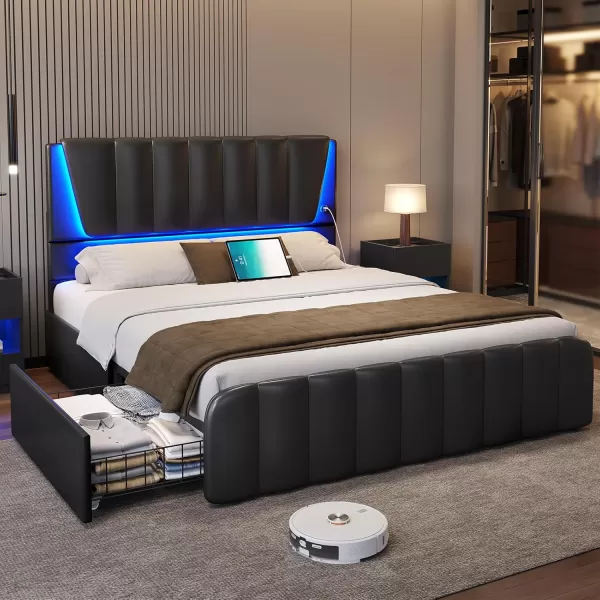 VIAGDO Twin Bed Frames with Storage Drawers and LED Lights Upholstered Platform Bed Frame Twin Size with Height Adjustable Headboard 2 USB Ports No Box Spring Needed Cream WhiteBlack