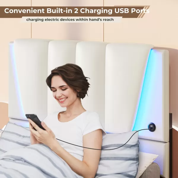 VIAGDO Twin Bed Frames with Storage Drawers and LED Lights Upholstered Platform Bed Frame Twin Size with Height Adjustable Headboard 2 USB Ports No Box Spring Needed Cream WhiteCream White
