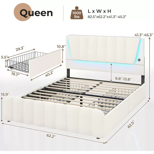 VIAGDO Twin Bed Frames with Storage Drawers and LED Lights Upholstered Platform Bed Frame Twin Size with Height Adjustable Headboard 2 USB Ports No Box Spring Needed Cream WhiteCream White