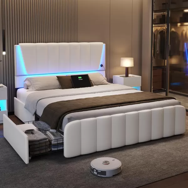 VIAGDO Twin Bed Frames with Storage Drawers and LED Lights Upholstered Platform Bed Frame Twin Size with Height Adjustable Headboard 2 USB Ports No Box Spring Needed Cream WhiteCream White