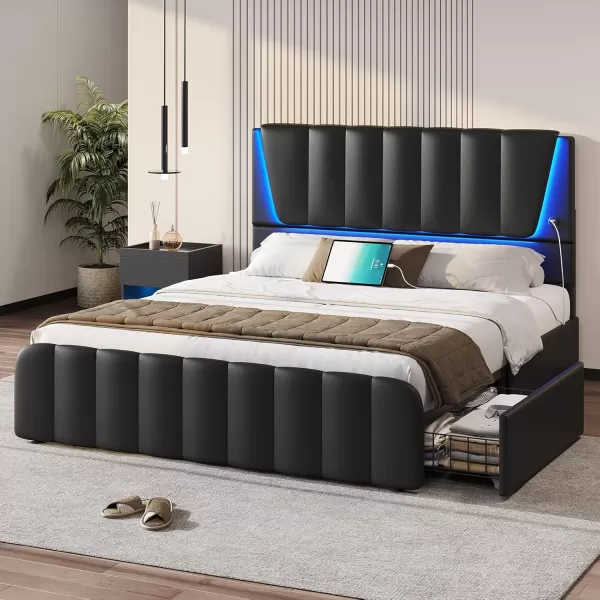 VIAGDO Twin Bed Frames with Storage Drawers and LED Lights Upholstered Platform Bed Frame Twin Size with Height Adjustable Headboard 2 USB Ports No Box Spring Needed Cream WhiteBlack